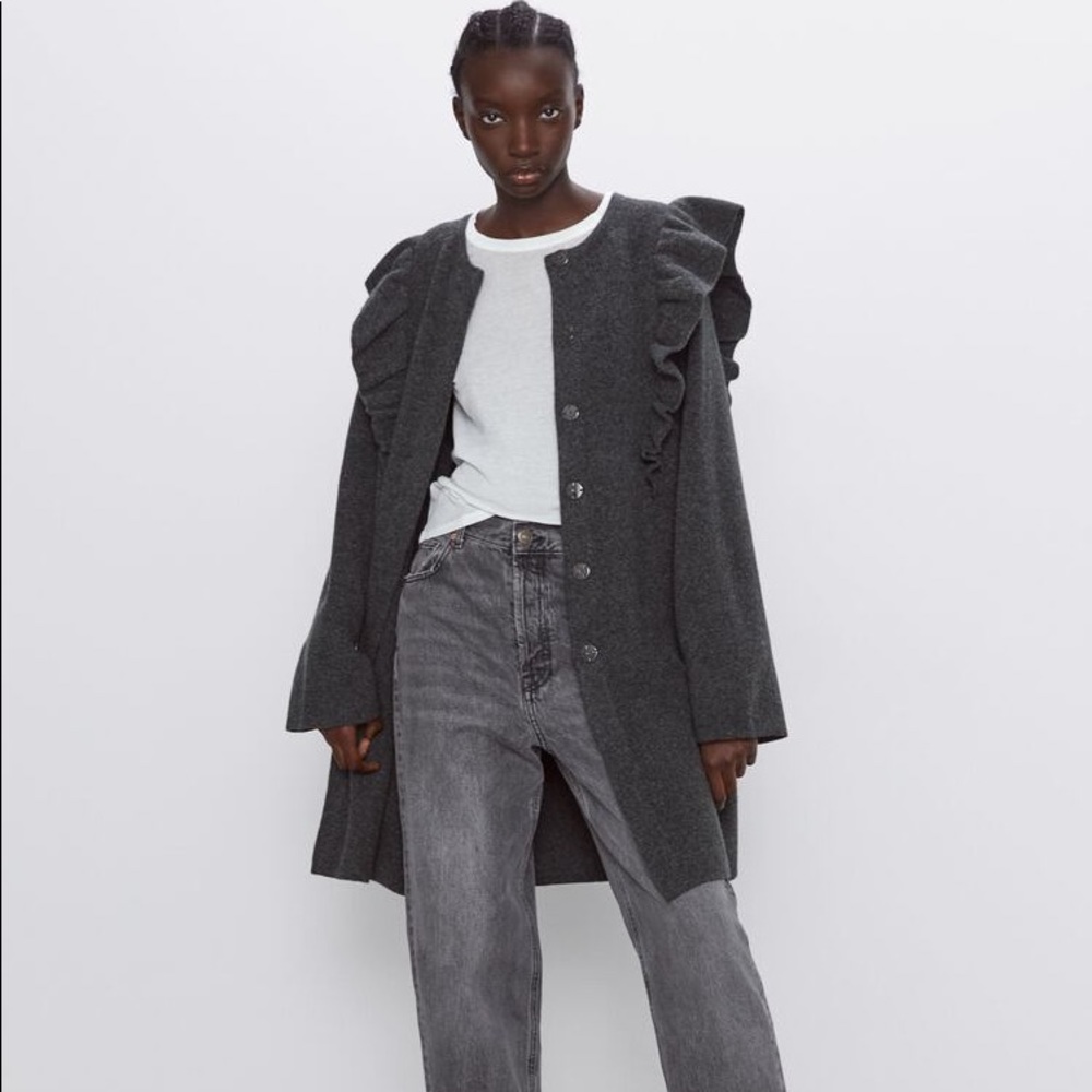 ZARA oversized wool blend knit coat with ruffle trims